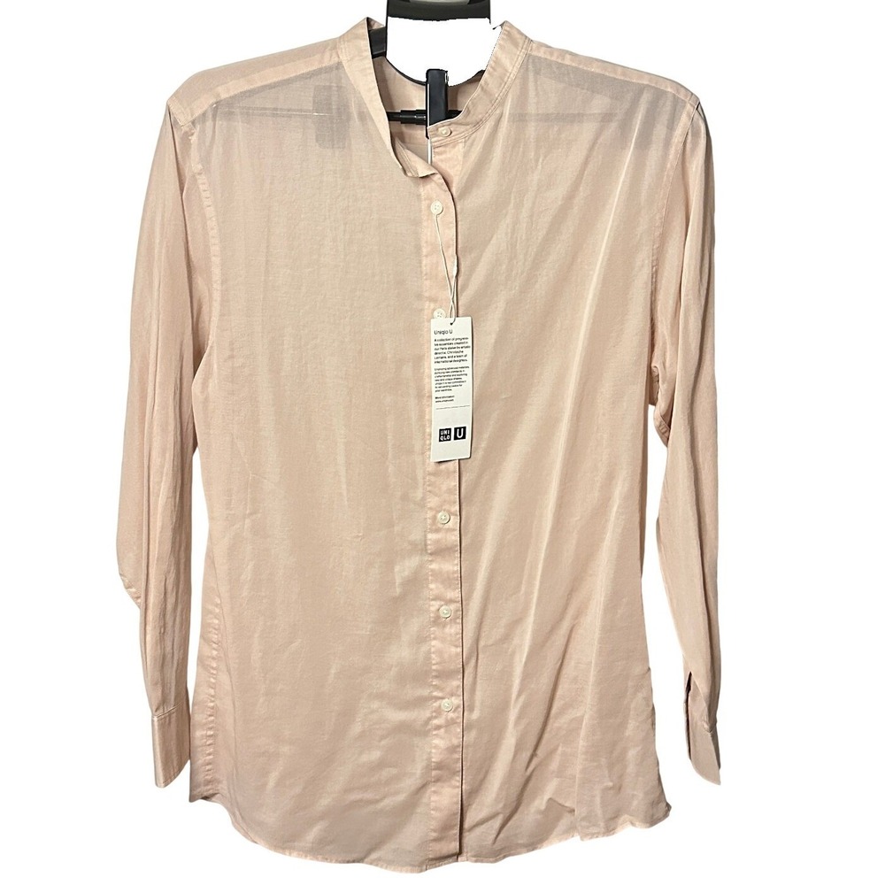 Uniqlo U Sheer Band Collar Long Sleeve Shirt Pink 100% Cotton Womens M NWT